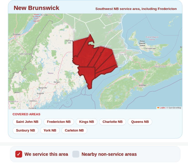 Map highlighting the Hydrokleen service area across Southwest New Brunswick — Saint John, Fredericton, Kings, Charlotte, Queens, Sunbury, York and Carleton — with nearby non-service areas shown in grey.