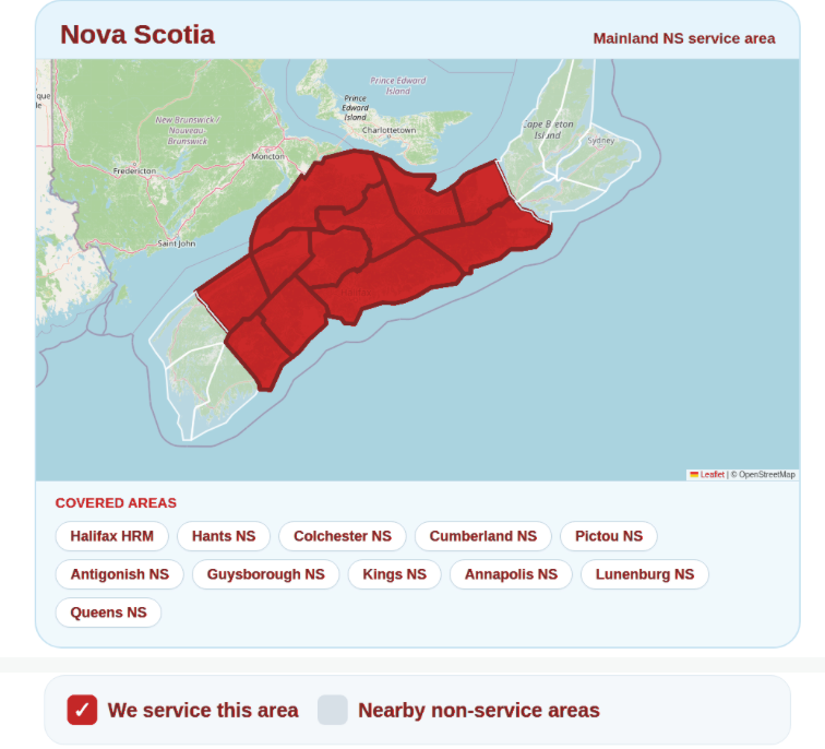 Map highlighting the Hydrokleen service area across mainland Nova Scotia — Halifax, Hants, Colchester, Cumberland, Pictou, Antigonish, Guysborough, Kings, Annapolis, Lunenburg and Queens — with nearby non-service areas shown in grey.
